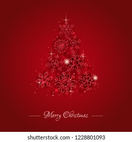 Christmas background with Shining Snowflakes. Christmas Greeting Card and Happy New Year Invitation. Christmas tree background with shining red snowflakes, stars. Vector illustration