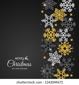 Christmas background with Shining Snowflakes. Christmas Greeting Card and Happy New Year Invitation. Christmas tree background with shining snowflakes, stars. Vector illustration