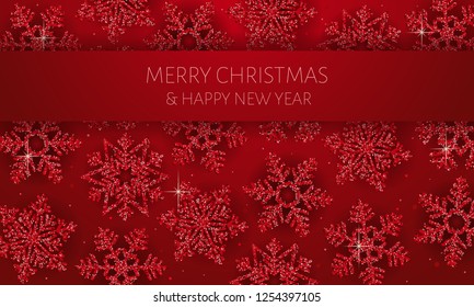 Christmas background with Shining Snowflakes. Christmas Greeting Card and Happy New Year Invitation with Shining Snowflakes on dark Background. Vector illustration