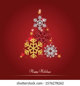 Christmas background with Shining Snowflakes. Christmas Greeting Card and Happy New Year Invitation. Christmas tree background with shining red snowflakes, stars. Vector illustration