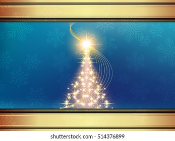 Christmas background with Shining Christmas tree, vector illustration.blue background