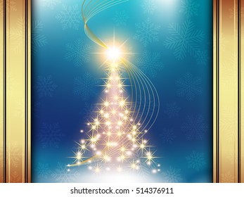 Christmas background with Shining Christmas tree, vector illustration.blue background