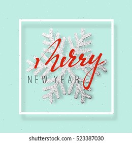 Christmas background with Shining white and silver Snowflakes.. Lettering Merry New Year card vector Illustration.