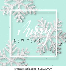 Christmas background with Shining white and silver Snowflakes. Lettering Merry New Year card vector Illustration.