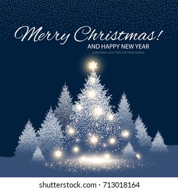 Christmas Background with Shining Xmas Tree in a Winter Forest. Vector illustration