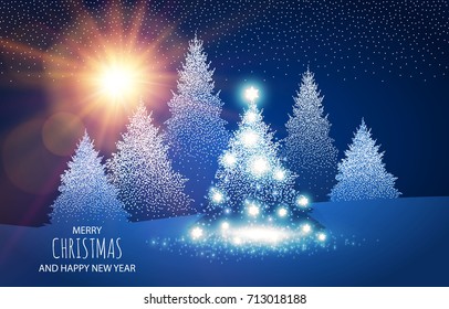 Christmas Background with Shining Xmas Tree in a Winter Forest. Vector illustration