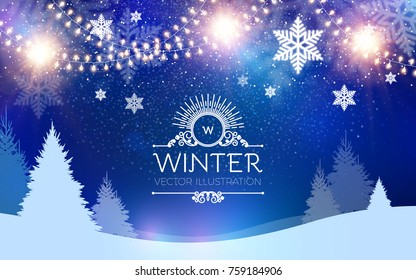 Christmas Background with Shining Xmas Tree in a Winter Forest with Lights. Vector illustration