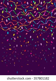Christmas background with shiny serpentine and confetti. Vector graphics.