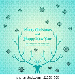 christmas background with silhouette of deer and snowflakes