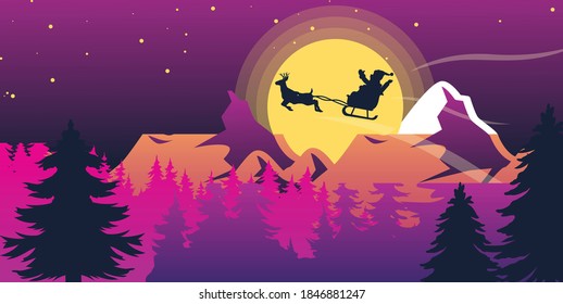 christmas background with silhouette of santa claus riding on a sleigh