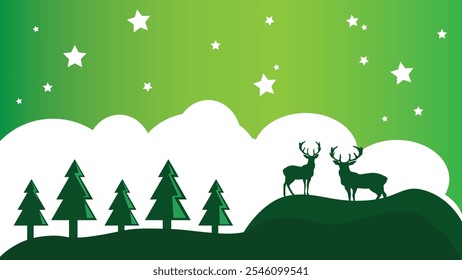 Christmas background with silhouette two deer standing on hill illustration