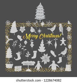 Christmas Background with Silhouettes,  Poinsettia and Toys. Hand drawn sketches. Vector Illustration
