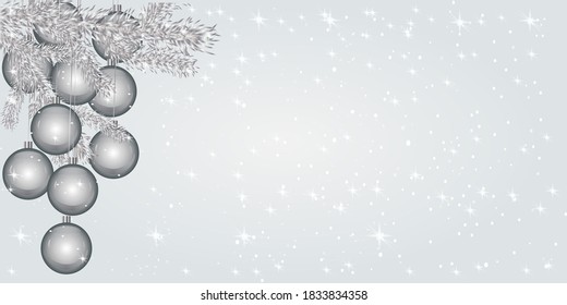 Christmas background with silver christmas balls and snow. Light Christmas and New year banner with light evening baubles, white fir branch, snowflakes and stars with copy space. Vector illustration