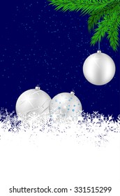 Christmas background with silver balls, snowflakes and spruce. Vector illustration.