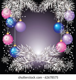 Christmas background with silver fir twigs and balls