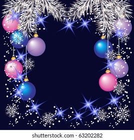 Christmas background with silver fir twigs and balls