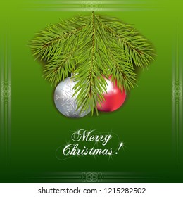 Christmas background with silver and red Christmas ball on the spruce branch. Merry Christmas calligraphy. Vector illustration.