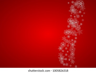 Christmas background with silver snowflakes and sparkles. Horizontal New Year and Christmas background for party invitation, banner, gift cards, retail offers. Falling snow. Frosty winter backdrop.