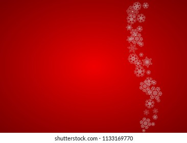 Christmas background with silver snowflakes and sparkles. Horizontal New Year and Christmas background for party invitation, banner, gift cards, retail offers. Falling snow. Frosty winter backdrop.