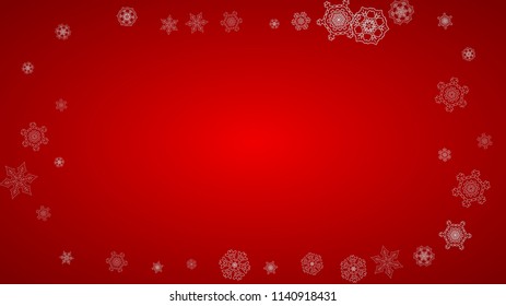 Christmas background with silver snowflakes and sparkles. Horizontal New Year and Christmas background for party invitation, banner, gift cards, retail offers. Falling snow. Frosty winter backdrop.