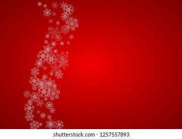 Christmas background with silver snowflakes and sparkles. Horizontal New Year and Christmas background for party invitation, banner, gift cards, retail offers. Falling snow. Frosty winter backdrop.
