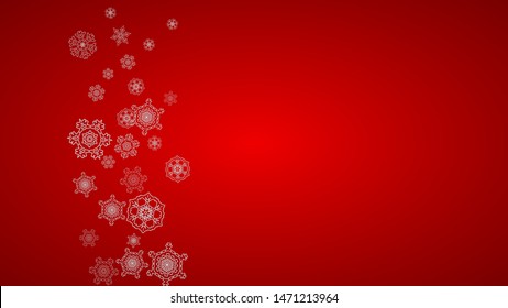 Christmas background with silver snowflakes and sparkles. Horizontal New Year and Christmas background for party invitation, banner, gift cards, retail offers. Falling snow. Frosty winter backdrop.