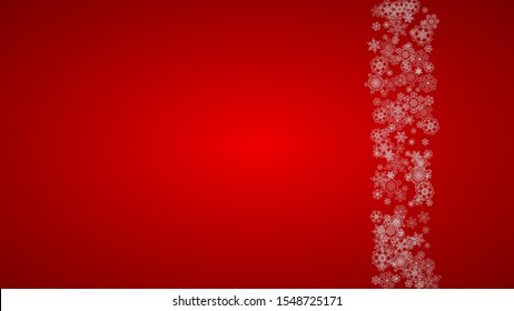 Christmas background with silver snowflakes and sparkles. Horizontal New Year and Christmas background for party invitation, banner, gift cards, retail offers. Falling snow. Frosty winter backdrop.