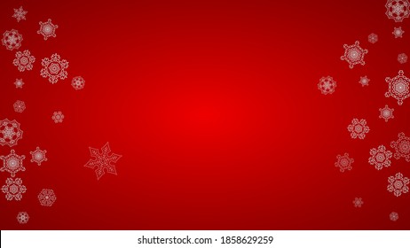 Christmas background with silver snowflakes and sparkles. Horizontal New Year and Christmas background for party invitation, banner, gift cards, retail offers. Falling snow. Frosty winter backdrop.