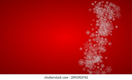 Christmas background with silver snowflakes and sparkles. Horizontal New Year and Christmas background for party invitation, banner, gift cards, retail offers. Falling snow. Frosty winter backdrop.