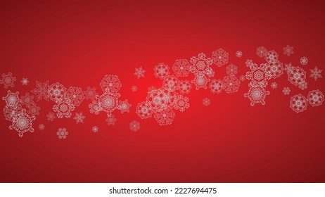 Christmas background with silver snowflakes and sparkles. Horizontal New Year and Christmas background for party invitation, banner, gift cards, retail offers. Falling snow. Frosty winter backdrop.