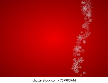 Christmas background with silver snowflakes and sparkles. Horizontal New Year and Christmas background for party invitation, banner, gift cards, retail offers. Falling snow. Frosty winter backdrop.