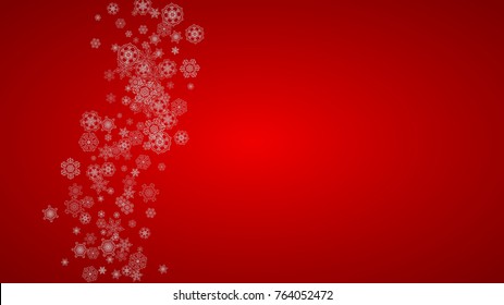 Christmas background with silver snowflakes and sparkles. Horizontal New Year and Christmas background for party invitation, banner, gift cards, retail offers. Falling snow. Frosty winter backdrop.