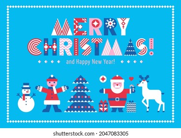 Christmas Background With Simple Flat Characters Santa, Snowman,  Deer, Tree And Creative Geometric Lettering In Scandinavian Style. New Year, Winter Holidays. Poster, Greeting Card, Invitation 