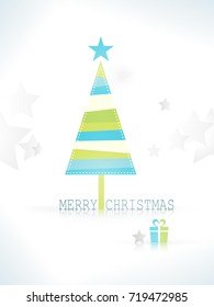 Christmas background with simple geometric shapes star and triangle forming a modern, stylized Christmas tree with striped surface, the wording Merry Christmas and an unobtrusive background pattern.