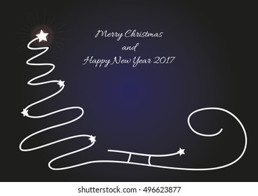 Christmas background with simple tree, Santa sleigh silhouette and shiny stars. Original Christmas card with wishing Merry Christmas and happy New Year 2017.