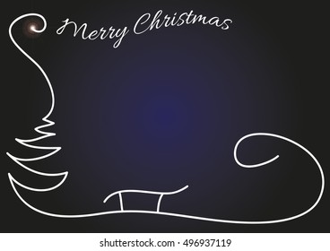 Christmas background with simple tree, Santa sleigh silhouette and shiny stars. Original Christmas card with wishing Merry Christmas and happy New Year 2017.