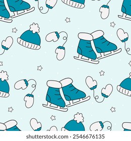 Christmas background. Skates, hats, mittens.