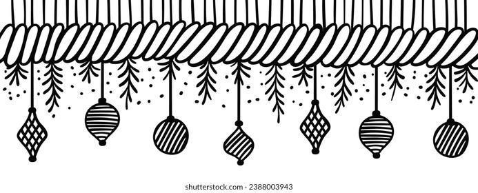 Esbozo de fondo de Navidad. Patrón de vacaciones aislado en el fondo blanco. Patrón tradicional de vacaciones con juguetes de árbol de Navidad y ramas de abeto. Esbozo dibujado a mano. Ilustración del vector