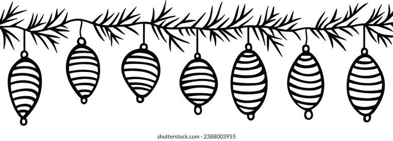 Christmas background sketch. Holiday pattern isolated on white background. Traditional holiday pattern with Christmas tree toys and fir branches. Hand drawn sketch. Vector illustration