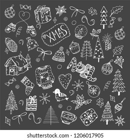 Christmas background,  sketch pattern. Perfectly for wrapper pattern, banners, paper, Christmas cards. Hand drawn doodle vector illustration. White line art.