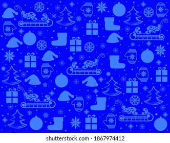 Christmas background with a sleigh, gifts, Christmas trees, Christmas ball, snowflakes, felt boots, mittens, santa claus hat, confetti.