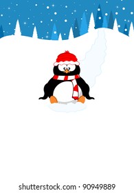 Christmas background with sliding penguin and Xmas trees, stars, snowflakes for Winter, Christmas  & New Year.