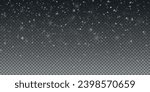 Christmas background with small falling snowflakes. Snow storm effect, blurred, cold wind with snow png. Holiday powder snow for cards, invitations, banners, advertising.