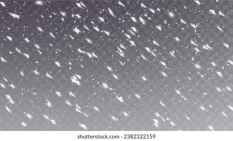 Christmas background with small falling snowflakes. Snow storm effect, blurred, cold wind with snow png. Holiday powder snow for cards, invitations, banners, advertising.