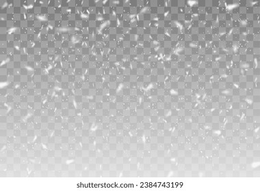 Christmas background with small falling snowflakes. Snow storm effect, blurred, cold wind with snow png. Holiday powder snow for cards, invitations, banners, advertising.