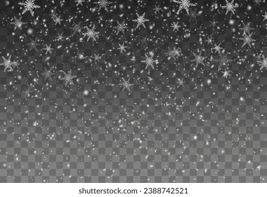  Christmas background with small falling snowflakes. Snow storm effect, blurred, cold wind with snow png. Holiday powder snow for cards, invitations, banners, advertising.