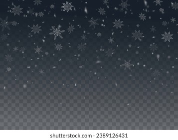  Christmas background with small falling snowflakes. Snow storm effect, blurred, cold wind with snow png. Holiday powder snow for cards, invitations, banners, advertising.