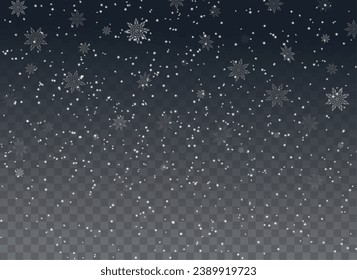  Christmas background with small falling snowflakes. Snow storm effect, blurred, cold wind with snow png. Holiday powder snow for cards, invitations, banners, advertising.