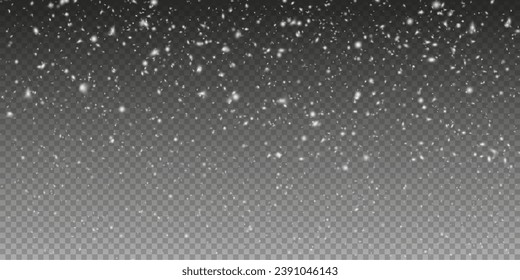 Christmas background with small falling snowflakes. Snow storm effect, blurred, cold wind with snow png. Holiday powder snow for cards, invitations, banners, advertising.