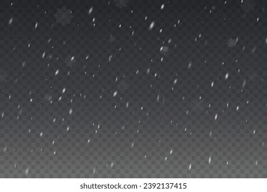 Christmas background with small falling snowflakes. Snow storm effect, blurred, cold wind with snow png. Holiday powder snow for cards, invitations, banners, advertising.